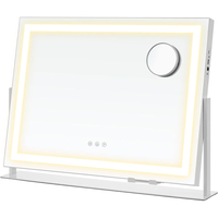 SONGMICS Oglinda machiaj cu iluminare LED, 3 culori lumina, suport telefon, 2 porturi USB, zoom 10x, 58x43 cm, alb