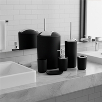 Set accesorii baie, 6 piese din plastic, cu perie WC si cos de gunoi, finisaj mat si lucios, negru argintiu
