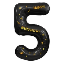 Balon din Folie Metalizata Flippy, Figurina Cifra, Scris Happy Birthday, Tema Aniversare 100 cm, Ambalaj Individual, Pai inclus, Umflare cu Aer sau Heliu, Negru, Cifra 5