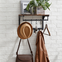 VASAGLE Cuier perete cu 8 carlige si polita, 40x24x24 cm, maro rustic si negru
