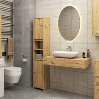 Dulap de baie tip baza, cu usa reversibila si raft interior, PAL 16 mm, 30x30x85 cm, stejar artisan