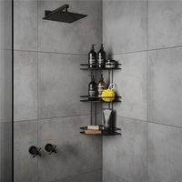 Etajera de colt pentru dus, cu 3 polite, montaj pe perete, inox, 25x25x59 cm, negru