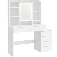 VASAGLE Masa de toaleta cu oglinda, iluminare LED reglabila, 6 sertare, 118x40x145 cm, alb