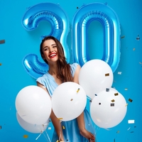 Balon din Folie Metalizata, Flippy, Figurina Cifra, Tema Aniversare 100 cm, Ambalaj Individual, Pai inclus, Umflare cu Aer sau Heliu, Albastru, Cifra 3