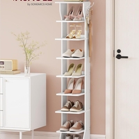 VASAGLE Raft pantofi pentru spatii inguste, 9 niveluri, cu carlige laterale, montaj pe podea, 26x30x147 cm, alb