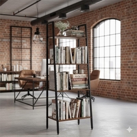 Etajera cu 4 rafturi, metal si MDF, stil industrial, 56x34x138 cm, maro inchis si negru