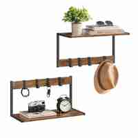 VASAGLE Cuier perete set 2 bucati, PAL si cadru metalic, 50x24x27 cm, maro rustic