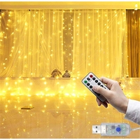 Instalatie Craciun, Tip Perdea IP44, 3m x 1m, 100 Led-uri, Alb cald, USB si telecomanda cu 8 functii, Vafy