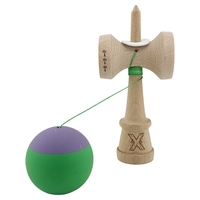 Kendama X Originala, Profesionala, Flippy, Rubber Grip, Cupe Mari KING SIZE V3, Gaura in Baza, Rulment Metalic, din lemn 18 cm, Ata 62/65 cm, Bicolor Mov/Verde