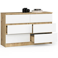 Comoda cu 6 sertare, PAL laminat, 120x40x77 cm, stejar artisan si alb