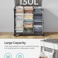 SONGMICS Cos de rufe tesut manual, cu captuseala detasabila lavabila, 3 compartimente, stil ratan, 140 litri, 66x33x60 cm, gri