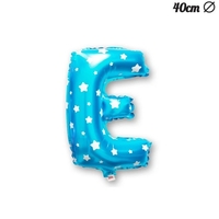 Balon Folie Metalizata Litera E, Flippy, 40 cm, Cu Imprimeu Stelute, Umflati cu Heliu sau Aer, Ambalaj Individual, Pai inclus, Albastru