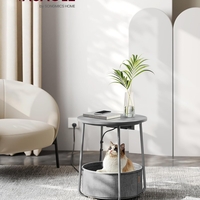 VASAGLE Masuta de cafea rotunda cu cos de stofa, statie de incarcare 2 prize si 2 USB, 45x50cm, gri argintiu