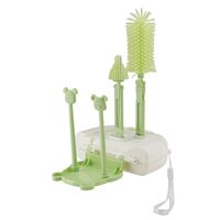Set 7 Piese de Spalat/Uscat Biberoane, Flippy, Portabil, Peri de Silicon, pentru Tetine, Suzete, Biberoane, Paie, Cutie Inclusa, 16 x 11 x 5 cm, Model Ursulet, Verde