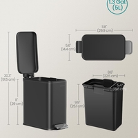 SONGMICS Cos de gunoi cu pedala, potrivit pentru baie, capac soft-close si galeata detasabila, otel inoxidabil, 5 litri, 30x14x29 cm, negru