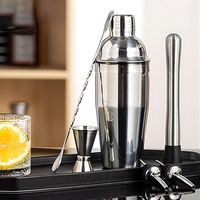 Set Barman Preparare Cocktail,Flippy, 6 Piese, Inox, Argintiu, Kit Accesorii Bar si Mixologie: Shaker750ml, Masura dubla, Pistil, Lingura barman, 2 Picuratoare