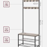 VASAGLE Cuier multifunctional 70x32x175 cm, cu 9 carlige, banca si 2 rafturi pantofi, PAL si otel, gri si negru