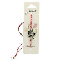 Martisor Bratara Snur Alb-Rosu, Jolie, Pandantiv Metalic, Model Inima cu Fluturas in interior