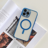 Husa MagSafe pentru Apple iPhone 11, Protectie camera, Full TPU, Margini colorate Electroplating, Magnetica, Incarcare Wireless, Vafy, Albastru