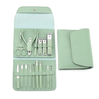 Set 16 Piese de Ingrijire Cosmetica, Flippy, pentru Manichiura, Pedichiura, Fata, Geanta Organizatoare din Piele Ecologica Inclusa, Verde