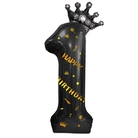Balon din Folie Metalizata Flippy, Figurina Cifra si Coroana, Scris Happy Birthday, Tema Aniversare 100 cm, Ambalaj Individual, Pai inclus, Umflare cu Aer sau Heliu, Negru, Cifra 1