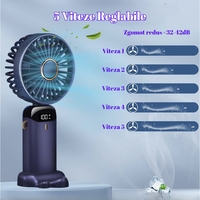 Ventilator Ultra Portabil cu Aromaterapie, Vafy, 3 in 1, de Mana, de Birou, de Gat, 5 Trepte de Viteza, Incarcare USB, Autonomie 12h, Pliabil, cu Ecran LCD, Mov