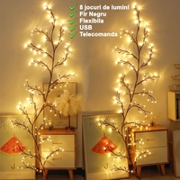 Instalatie Craciun tip Creanga Vafy, 144 LED-uri, Conectare USB, 8 Jocuri de Lumini, Telecomanda, 2.5 m, Prelungitor 2 m, 3V, Fir Negru, Alb Cald