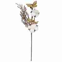 Ramura decorativa Craciun cu bumbac si plante uscate, 37 cm, alb/maro