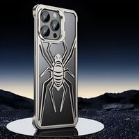 Husa de Protectie Compatibila iPhone 15 Pro, cu Suport Metalic pentru Camera, Armor Protective Series, Vafy, Antisoc, Protectie de Metal pe Margini, Model Paianjen, Negru Gri