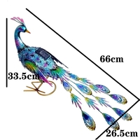 Decoratiune de Gradina cu Lampa solara, Vafy, Model Paun Pitic, Iluminare Led si Incarcare Solara, 66 x 33.5 x 26.5 cm, din Fier, Albastru Multicolor