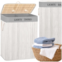 Cos pentru rufe din bambus, pliabil, cu 2 compartimente, volum 105 L, 63x52x33 cm, alb si gri