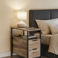 VASAGLE Noptiera 60x35x61 cm, cu 2 sertare, rafturi si priza incorporata, PAL si otel, maro