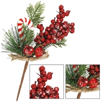 Ramura decorativa Craciun cu fructe rosii, acadea si sfoara iuta, 24 cm, rosu