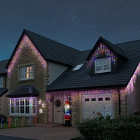 Instalatie Solara Craciun Turturi, IP44, 5 m, 143 Led-uri, Perdea Franjurata, RB-RG, 8 jocuri de lumini, cu Telecomanda, 31V, 250 mAh, Acumulator de 1200 mAh, Exterior, Prelungitor 3 m inclus, Fir Transparent, Flippy