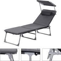 SONGMICS Sezlong pliabil, cu saltea, parasolar si tetiera, spatar reglabil in 4 pozitii, maxim 150kg, 193x53x30 cm, gri