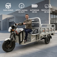 Triciclu Electic de Marfa Chuanqi, Saige, Fara Permis, Motor 1600W, Baterie 72V32Ah, Autonomie 60km, 250x88x115 cm, Viteza Maxima 25km/h, Gri
