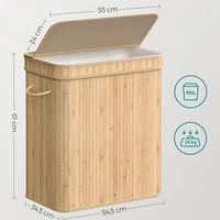 SONGMICS Cos de rufe din bambus cu capac 100L, sac textil detasabil, 55x35x61 cm, bej natur