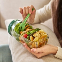 Container Caserola pentru Salata,, Vafy, Borcan pentru Salata, din PP, Gradat in ml, 1L, 19 x 10 x 10 cm, Capac Rosu, Transparenta