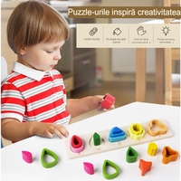 Jucarie Montessori din Lemn, Flippy, Tip Puzzle, cu 5 Forme Asimetrice, 15 Piese, Educativa, Interactiva, Creativa, Model Copaci, Materiale Non Toxice, +2 Ani, 29x6.5 cm, Multicolor