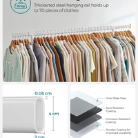 SONGMICS Suport pentru haine extensibil pe roti, bara reglabila 110-150 cm, stil industrial, 150x45x160 cm, alb mat