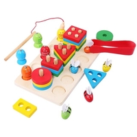 Jucarie Montesorii de Sortat si Pescuit, Flippy, din Lemn, +3 Ani, cu Magnet, Model Forme Geometrice, Pestisori si Albinute, 22.5 x 13 x 5.3 cm, Multicolor