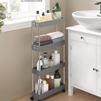 SONGMICS Carucior de depozitare pe roti, pentru bucatarie sau baie, din plastic, cu 4 nivele, 40x13x88cm, gri