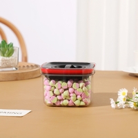 Cutie de Depozitare Alimente, Flippy, Cutie de tip Container, Recipient pentru Cereale in Bucatarie, S 11.5 x 11.5 x 8 cm, volum 600 ml, Transparenta cu Capac Negru