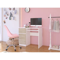 Birou computer PIKSEL, cu sertar, dulap si raft pentru tastatura, stanga, 90x50x77 cm, alb si stejar sonoma
