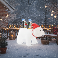 Urs polar gonflabil de exterior, iluminare LED, cu doi pinguini, compresor integrat, 200x120x80 cm, alb