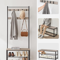 VASAGLE Cuier multifunctional 70x32x175 cm, cu 9 carlige, banca si 2 rafturi pantofi, PAL si otel, gri si negru