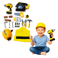 Set unelte pentru copii cu bormasina, fierastrau, casca luminata si vesta de constructor, 29x27x21 cm