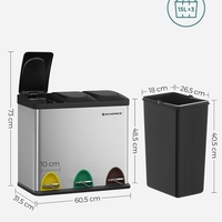 SONGMICS Cos de gunoi din inox cu 3 compartimente colectare selectiva, cu galeti interioare, 3x15litri, argintiu si negru