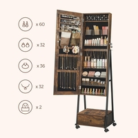 SONGMICS Oglinda de podea cu suport mobil pe roti, spatiu de depozitare, 42x37x153 cm, maro rustic