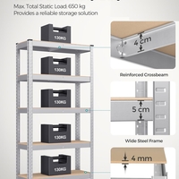 SONGMICS Raft cadru metalic modular pentru depozitare, 5 polite, 150x75x30cm, sarcina 650 kg, argintiu